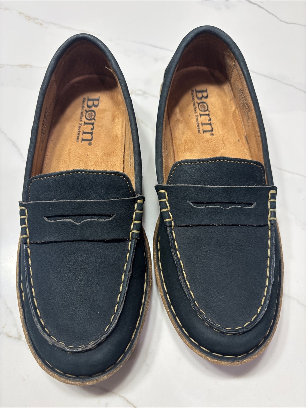 Born NAVY BLUE Suede Penny Loafers with Contrast Stitching - Picture 2 of 15